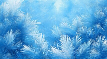 Wall Mural - Intricate frost patterns on leaves against a deep blue background vibrant