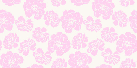  Pastel pink  seamless pattern with abstract shapes buttercups, pansies. Bicolor contour silhouettes flowers print. Vector hand drawn. Simple nature ornament for designs