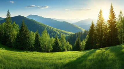 Wall Mural - Breathtaking vista, verdant field, towering mountains and serene trees under a vast sky