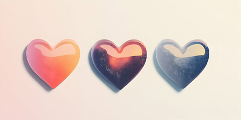 Sticker - Three Colorful Hearts: A trio of glossy hearts in varying warm hues, arranged in a row against a soft backdrop.  Perfect for Valentine's Day, love, or relationship themes.