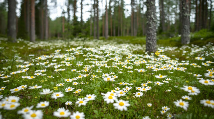 Wall Mural - daisies blooming in a pine forest, sunlight dappled, nature background, ideal for spring/summer them