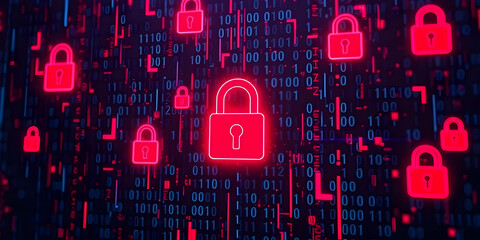 Cybersecurity concept, digital padlock icons, glowing red and pink, binary code background, matrix style, data protection visualization, neon aesthetic, futuristic, cyber threat, digital encryption
