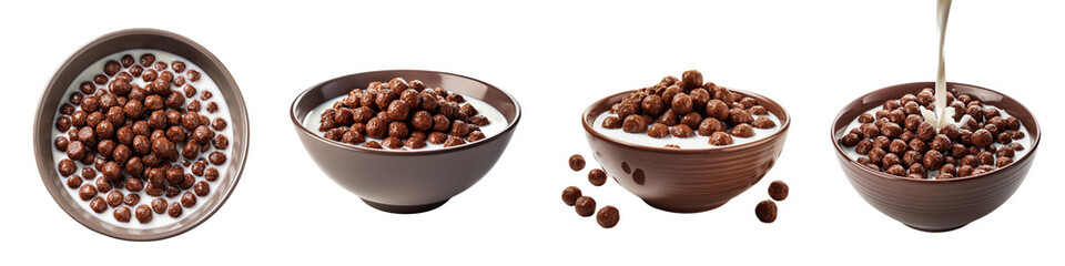 Chocolate cereal balls in various bowls on a white isolate background.