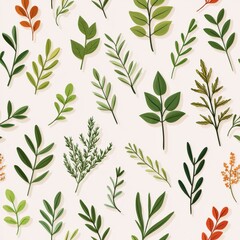 Wall Mural - A vibrant arrangement of various leaves and branches in shades of green and orange, placed on a light background, showcasing nature's beauty.