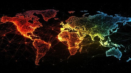 A vibrant, digital representation of a world map illuminated in colorful gradients, showcasing data connections and global networks.