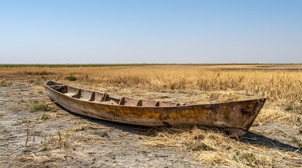 Naklejka na meble A traditional Marsh Arab canoe known as a Mashoof abandoned on the dry earth of the southern marshes of Iraq during a harsh summer drought caused by climate change and political instab.