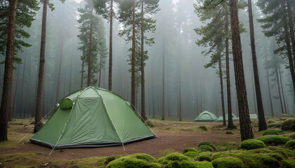 big green tent in the pine forest with fog at early morning
