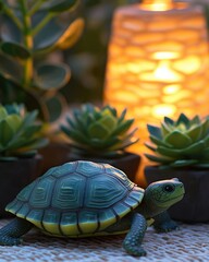 Poster - A decorative turtle figurine among potted succulents and a glowing lamp.