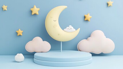 Canvas Print - Cute cartoon moon and clouds on pastel blue background.