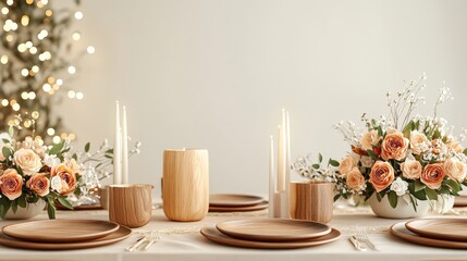 Poster - A beautifully set dining table with floral arrangements and candles for a festive occasion.