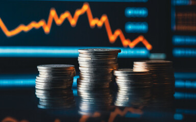 stack of coins on blurred background of charts, business finance concept