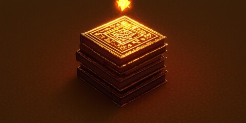 Poster - A glowing stack of ornate books with intricate designs, illuminated from above.