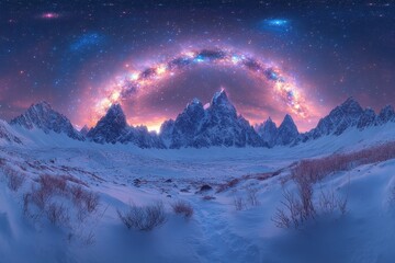 Wall Mural - Cosmic landscape with majestic mountains under a vibrant galaxy at dusk