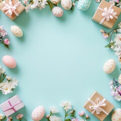 Wall Mural - Pastel Easter eggs, gifts, and flowers frame on blue background.