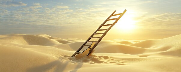 Wall Mural - A solitary ladder stands in a vast desert landscape under a warm sunset.