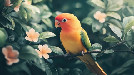 Wall Mural - A vibrant parrot perched among lush green foliage and delicate flowers.