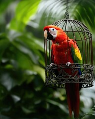 Wall Mural - A vibrant parrot in a decorative cage, surrounded by lush greenery.