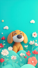 Paper art puppy in spring flower field