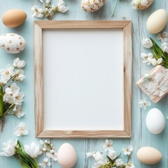 Wall Mural - Blank frame surrounded by Easter eggs, flowers, and gift.