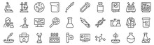 Set of 30 outline icons related to laboratory. Linear icon collection. Editable stroke. Vector illustration	