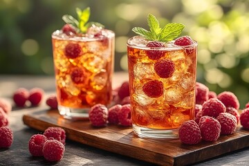 Wall Mural - Refreshing Raspberry Iced Tea with Mint for Summer Gatherings