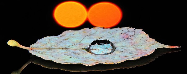 Wall Mural - A leaf with a water droplet reflecting two bright orange circles against a black background.