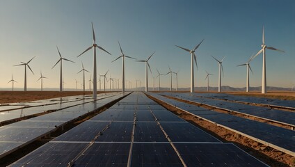 This image shows a wide shot of a renewable energy site, with rows of solar panels leading to a field of wind turbines. 