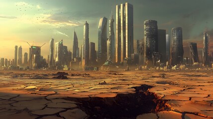 Wall Mural - modern city with tall buildings and skyscrapers in the background, while in the foreground, a cracked and arid landscape depicts a global drought.