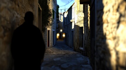 Wall Mural - A narrow alleyway with a shadowy figure, illuminated by warm lights in a rustic setting.