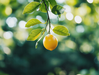 Yellow lemons hanging on branches of a lush green tree in natural daylight. Bright and vibrant citrus fruits against a blurred background.