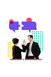 © deagreez - Trend artwork banner sketch 3D photo collage of puzzle match social network contact bubble success high five deal young man lady stand