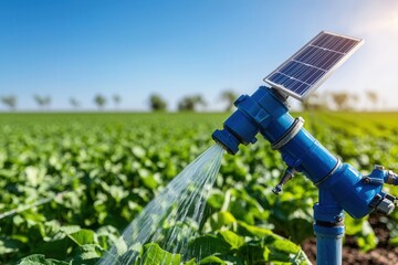 Net zero sustainability goals concept. A blue water pump irrigates a lush green field under a bright sky, with solar panels providing sustainable energy for efficient farming.