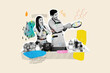 © deagreez - Composite creative art collage of two happy girl guy family cooking popcorn snack romantic dinner kitchen isolated on painted background