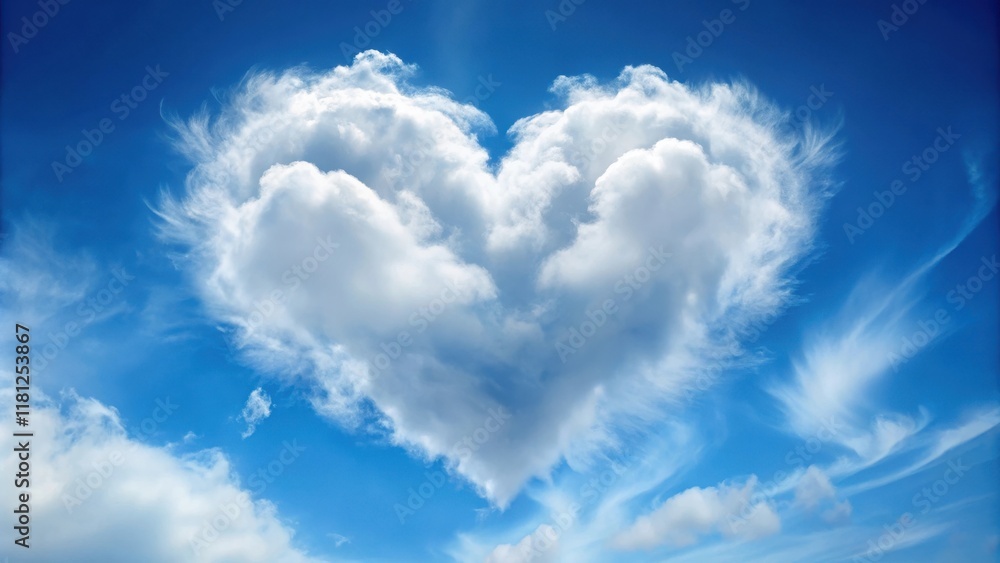 Heart-shaped cloud in the blue sky with white fluffy texture and gentle ...