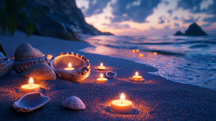 Wall Mural - Scenic evening seascape with seashells and glowing candlelight