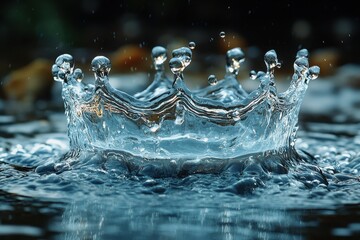 Wall Mural - Water splash creates dynamic crown shape amidst rippling surface in serene environment