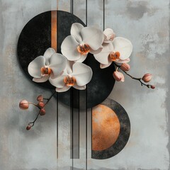 Wall Mural - Elegant white orchids with geometric design on textured background.