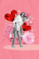 Wall Mural - Vertical art banner collage of two happy girl guy show hello gesture flower bloom march holiday valentine day love on pink background