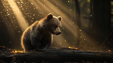 Wall Mural - A bear sits on a log, illuminated by soft rays of sunlight in a tranquil forest setting.