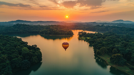 Wall Mural - Hot air balloon over serene lake at sunrise with lush greenery