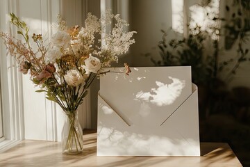 Poster - A serene arrangement of flowers beside a blank envelope, capturing a tranquil moment.