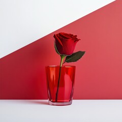 Canvas Print - Single red rose in a red glass against a white and red background.