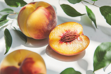 Wall Mural - A peach sliced open to reveal its vibrant interior, placed on a white surface.