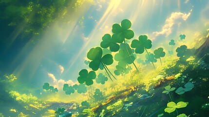 luminous clover patch set against a nature-inspired background in anime style