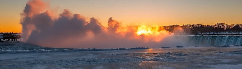 Wall Mural - A stunning sunset over a frozen waterfall, with mist rising in the cold air.