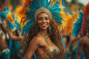 Wall Mural - A dynamic scene of samba dancers with colorful flags, performing during Carnival in the streets, filled with energy and vibrant celebration.