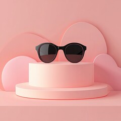 Wall Mural - Black sunglasses on pink platform against pink background.