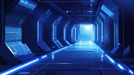 Wall Mural - Futuristic blue neon lit spaceship corridor leading to bright exit.