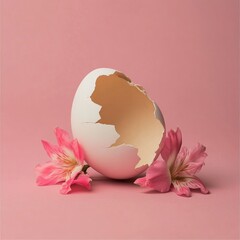 Canvas Print - Broken eggshell with pink flowers on pink background.