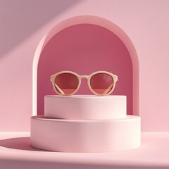 Wall Mural - Beige round sunglasses displayed on a two-tiered pink pedestal within a pink arched niche.